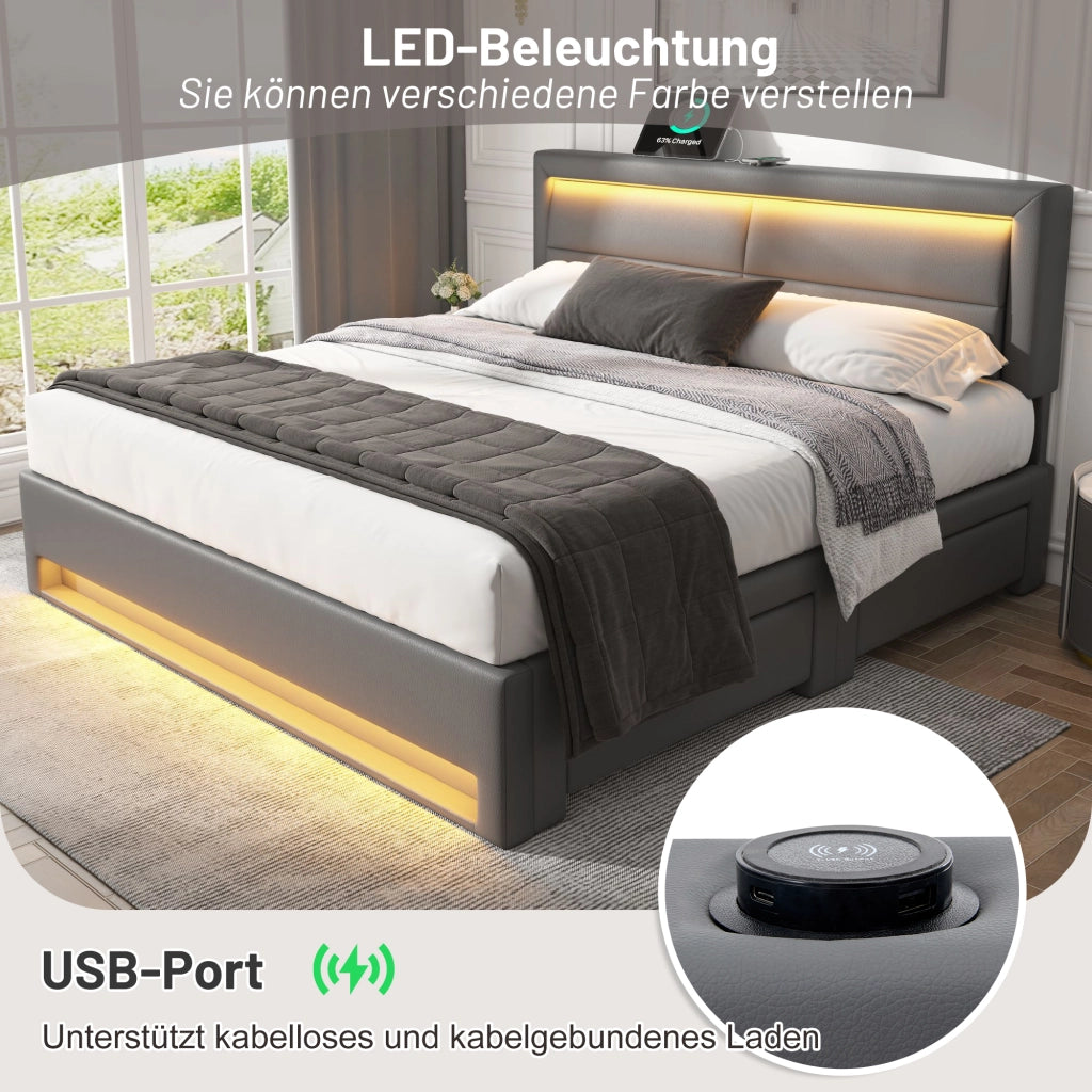 LETTO imbottito 140x200 cm PU grigio con USB, LED e 4 cassetti