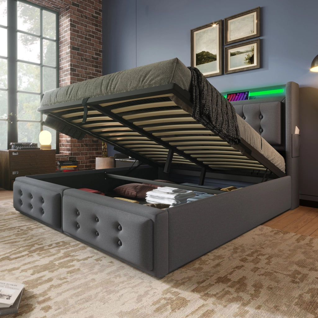 LETTO Contenitore 180x200 cm con LED e USB-C Tessuto Grigio
