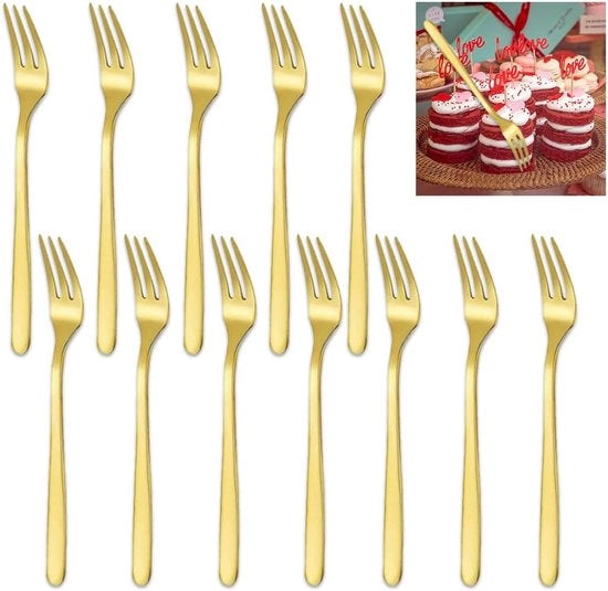 Set di forchette per torta - 12 pezzi - oro - acciaio inossidabile - 14 cm