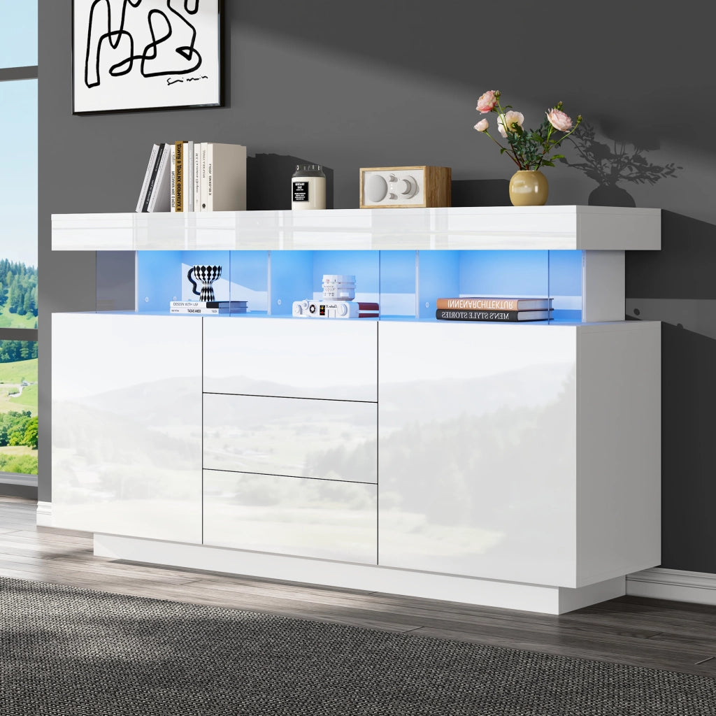Sideboard moderno 140 x 35 x 80 cm bianco lucido con LED, 3 cassetti e 2 ante