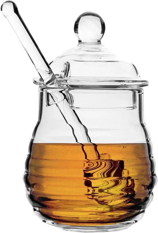Honingpot in Vetro con Coperchio e Lame per Honing - Vaso per Servire Miele e Sciroppo 280 ml