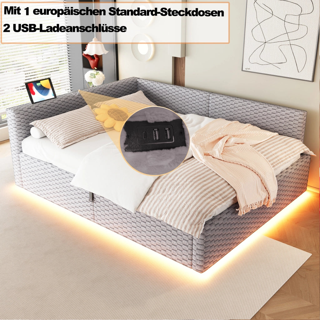 LETTO Contenitore 140x200 cm in velluto grigio con LED e porte USB