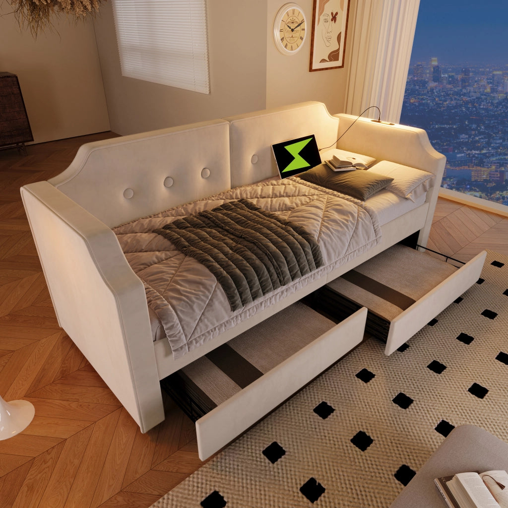 LETTO 90x200 cm in Velluto Beige con USB Type C, Lampada da Lettura e 2 Cassetti
