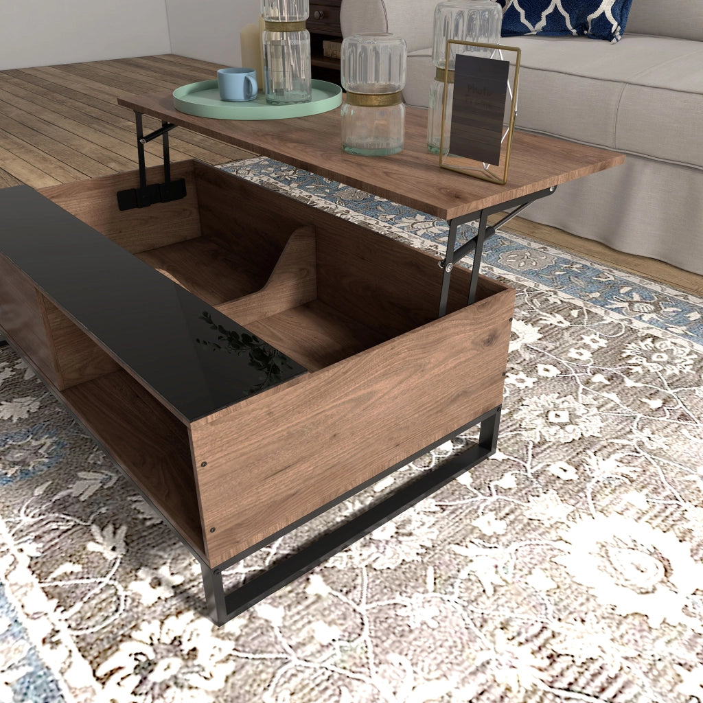 Tavolino da salotto elevabile con 2 vani; ripiano inferiore e piano in vetro per soggiorno; in truciolare e acciaio; walnuss; 102×58×35.5 cm
