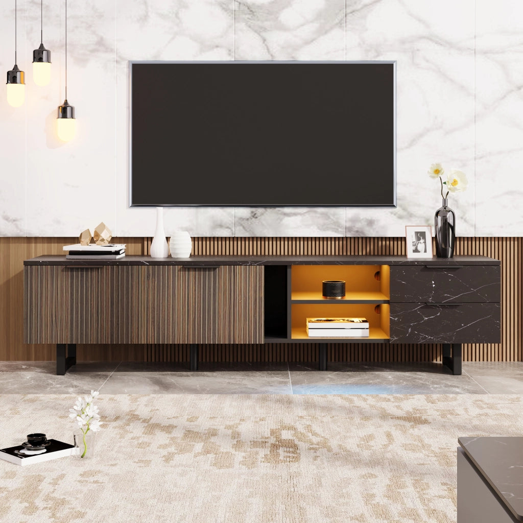 Cassettiera per TV nera e legno; in MDF; lunghezza 200 cm