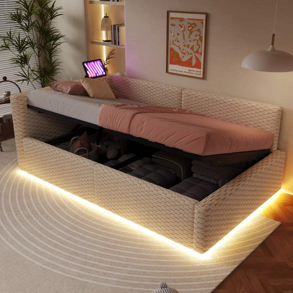 Letto con testata illuminata a led in velluto beige 90x200 cm