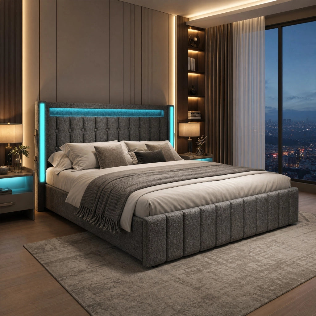 LETTO imbottito 160x200 cm in lino grigio con 4 cassetti, USB e LED