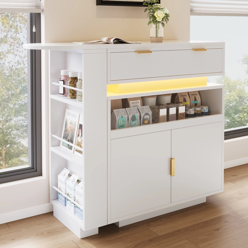 Carrello da cucina con piano girevole e allungabile; ripiani regolabili e vani; con luce LED; 115-183×40×99.5 cm