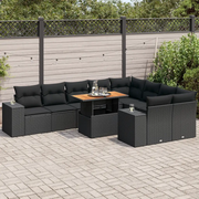 Set Divani Giardino 10pz con Cuscini Nero in Polyrattan Acacia 3327415