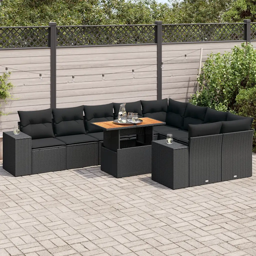 Set Divani Giardino 10pz con Cuscini Nero in Polyrattan Acacia 3327415