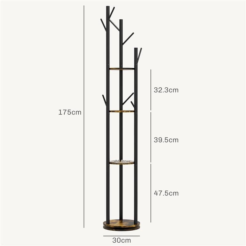 APPENDIABITI DA TERRA GIREVOLE CON 8 GANCI E 4 MENSOLE IN STILE INDUSTRIALE, 130X175CM, MARRONE