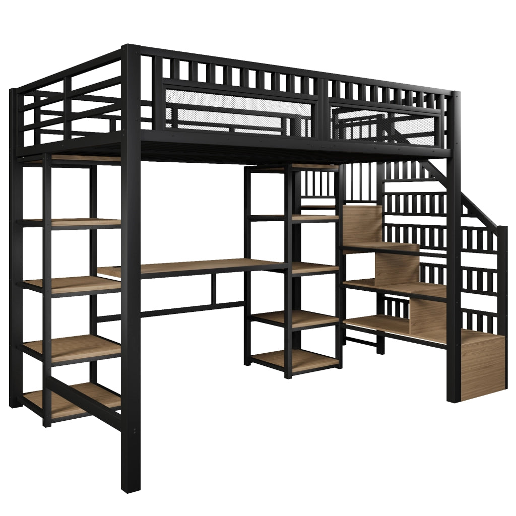 Letto castello 140x200 ferro ripiani scala scrivania LED USB nero