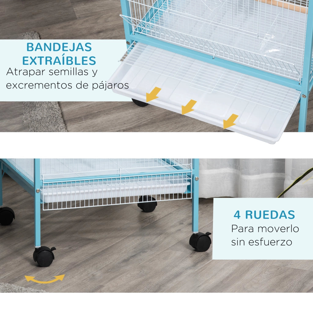 Gabbia per Uccelli 2 Livelli con Ruote ¨C Minimal ¨C Blu 51.5x50x140 cm