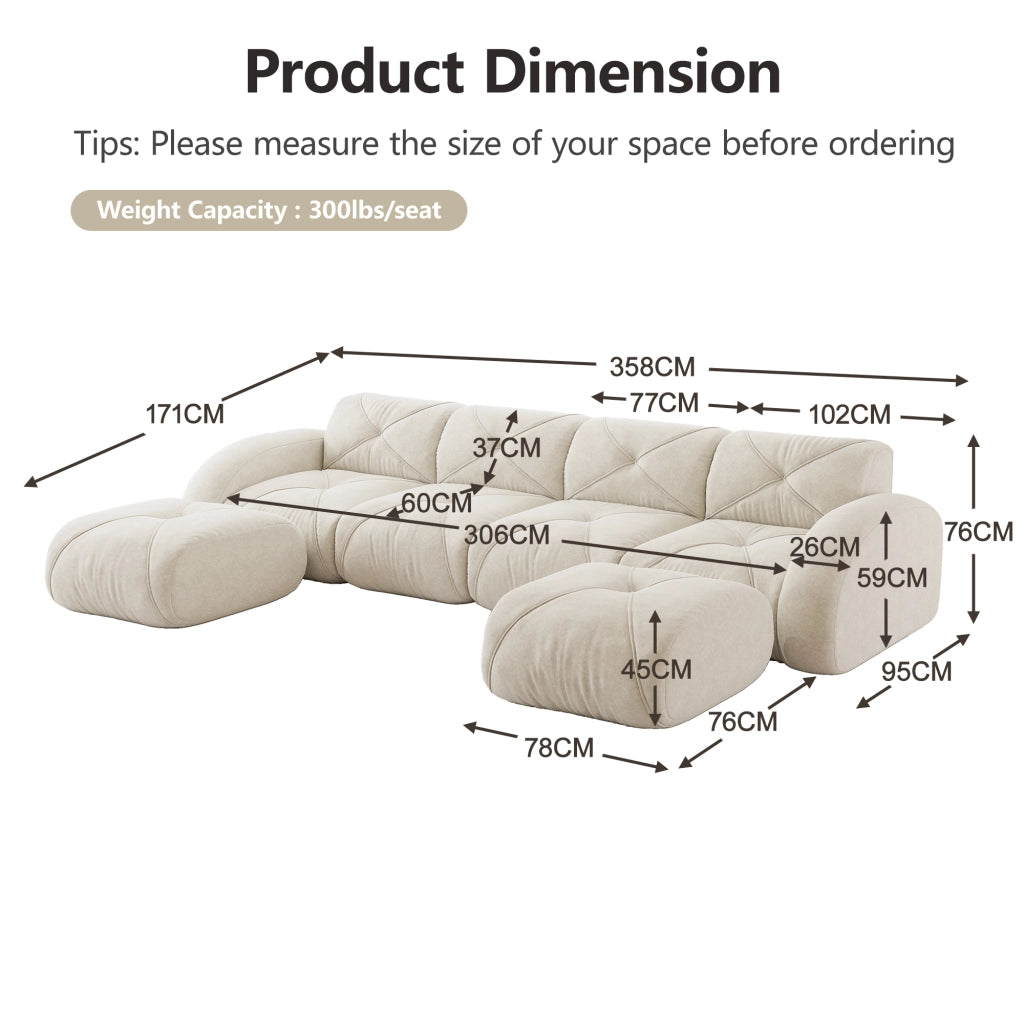 Divano modulare a U senza telaio - Zephmum- 4 posti con 2 pouf, tessuto comodo antiscivolo, bianco