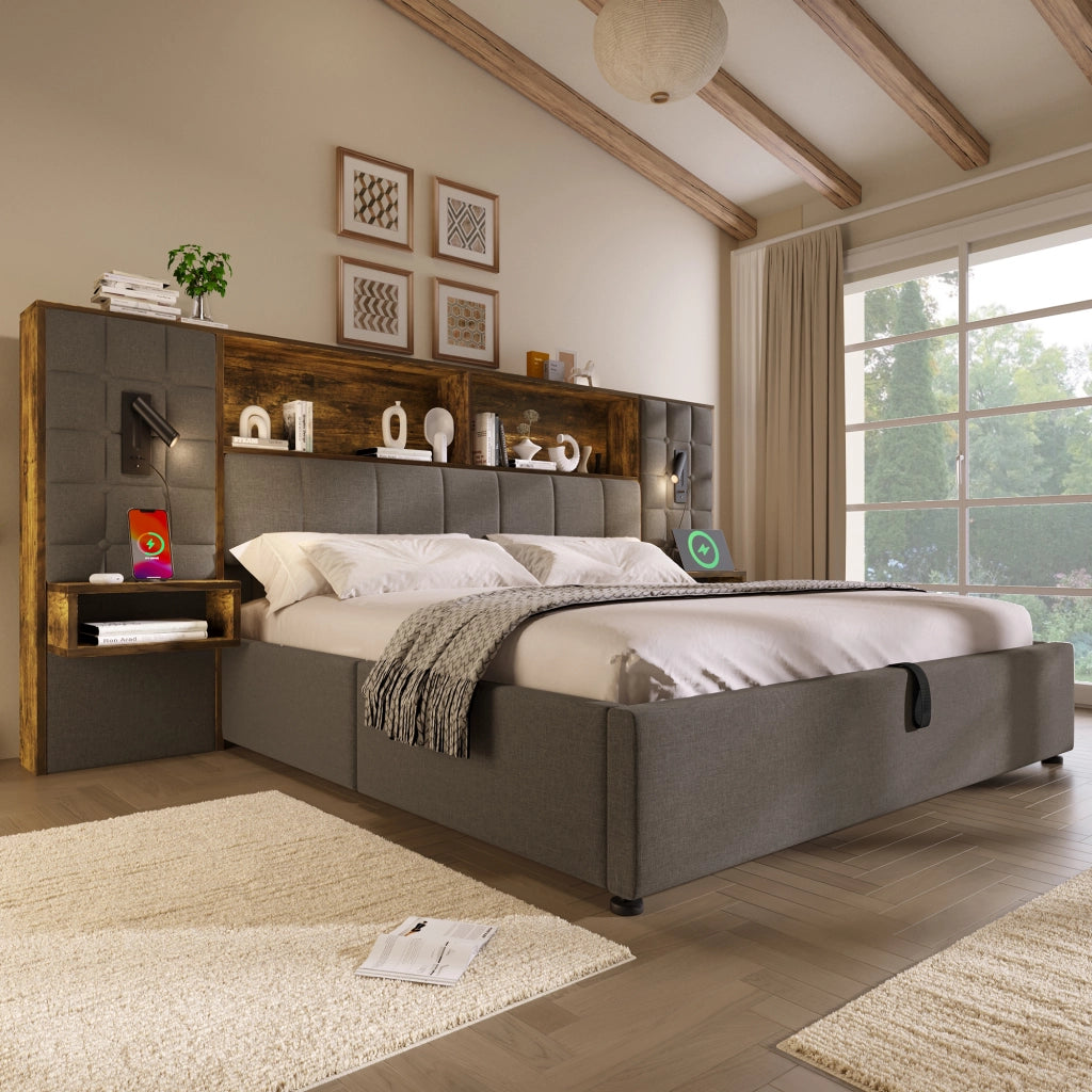 LETTO Contenitore 180x200 cm Grigio in Lino con luci e comodini integrati