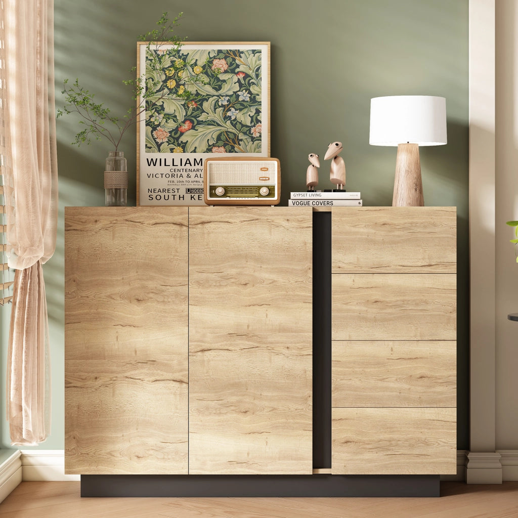 CREDENZA con 4 cassetti e 2 ante 120x35,5x90,5 cm Natural e Nero