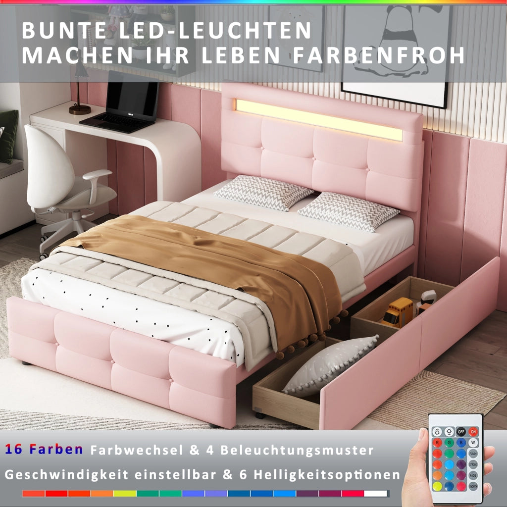 LETTO 90x200 cm Rosa con LED e 2 cassetti
