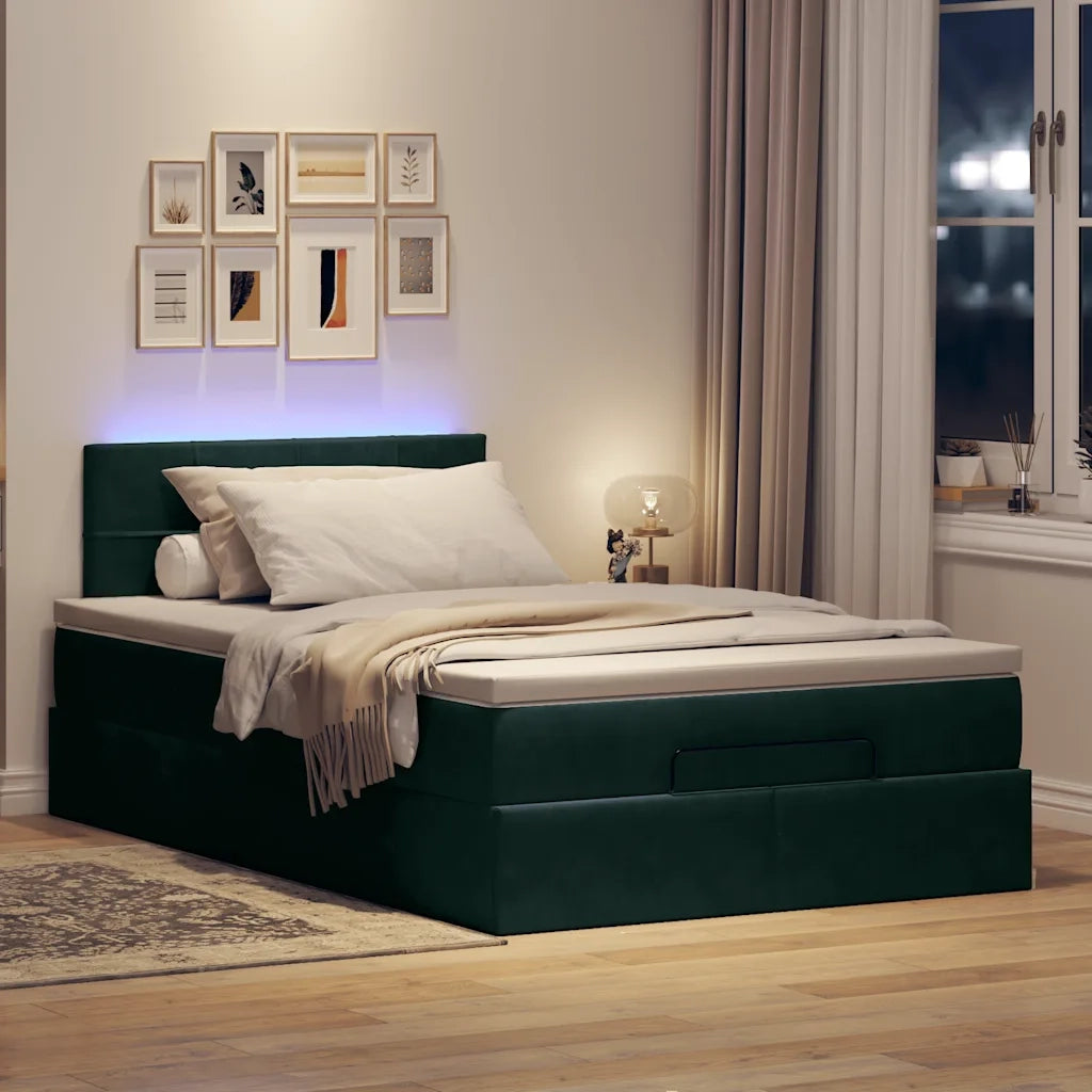 Pouf Letto con Materasso e LED Verde Scuro 120x190cm in Velluto