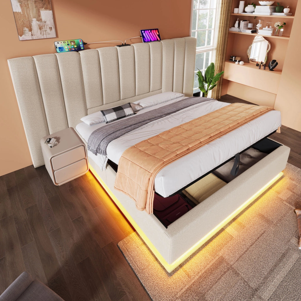 LETTO contenitore 180x200 cm beige in lino con LED e USB