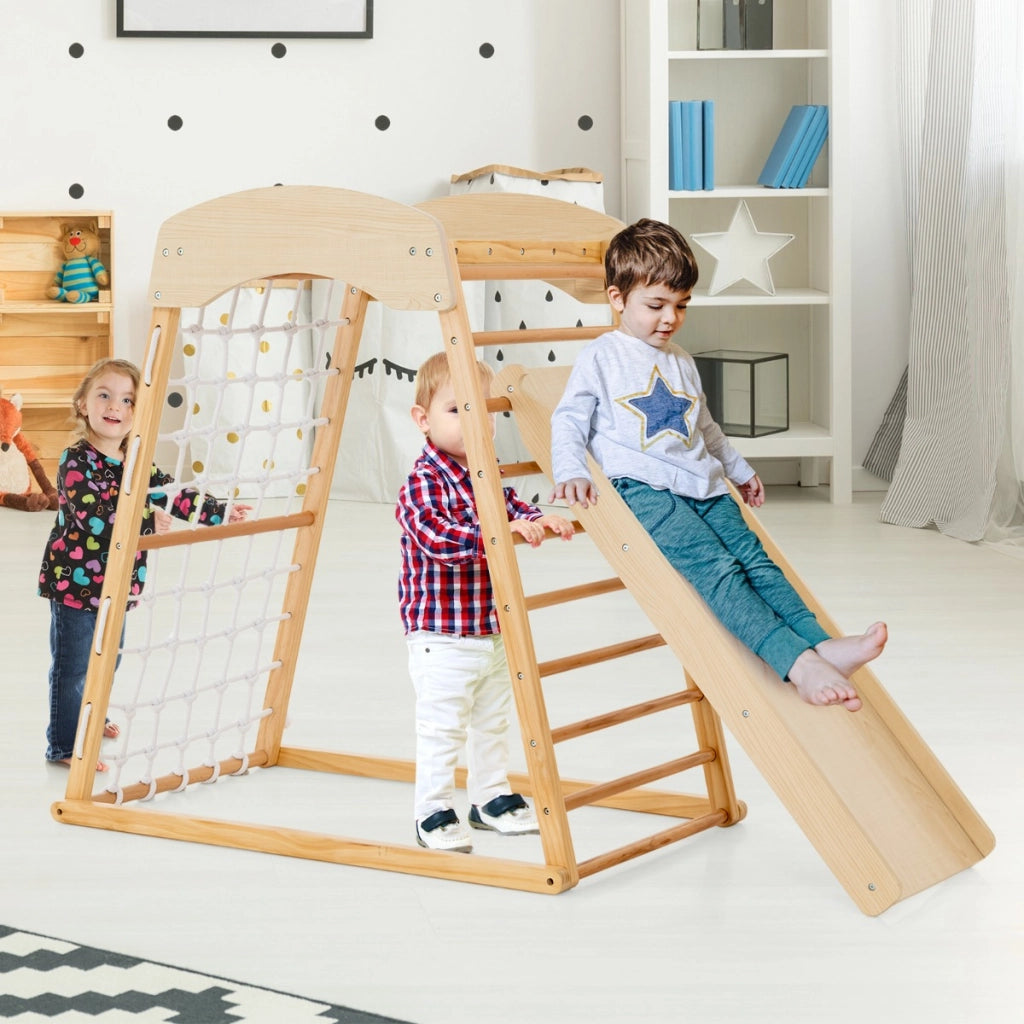 Parco giochi in legno con rampicata a doppia faccia sbarre per scimmie, Set gioco da arrampicata montessori Naturale