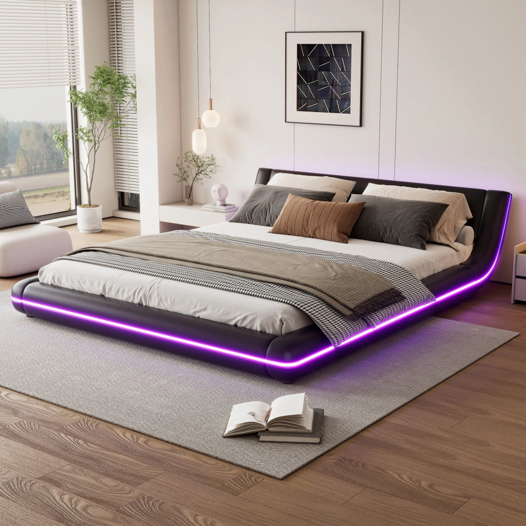 Letto basso 160x200 cm in PU e MDF con LED ambientale, nero