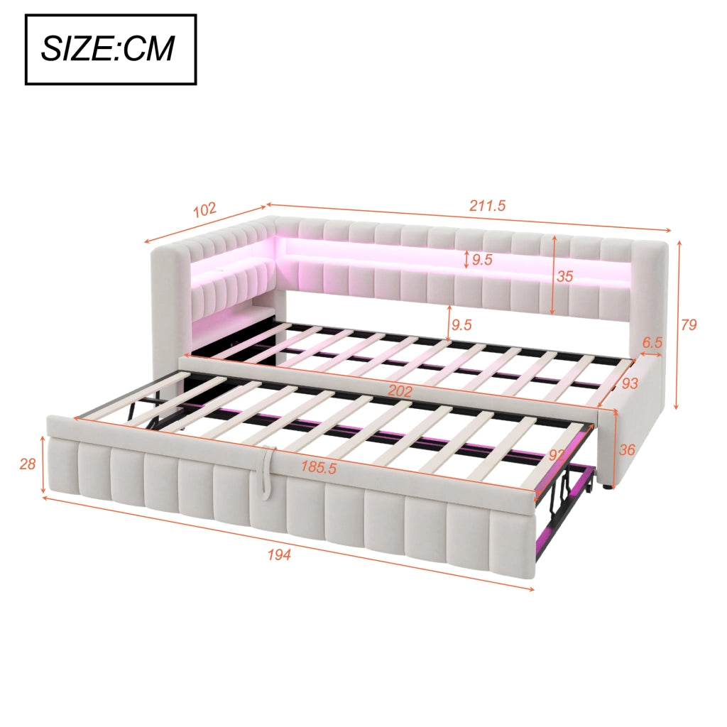 LETTO IMBOTTITO ESTRAIBILE 90x200 cm Velluto Beige con LED e porte USB/Tipo-C