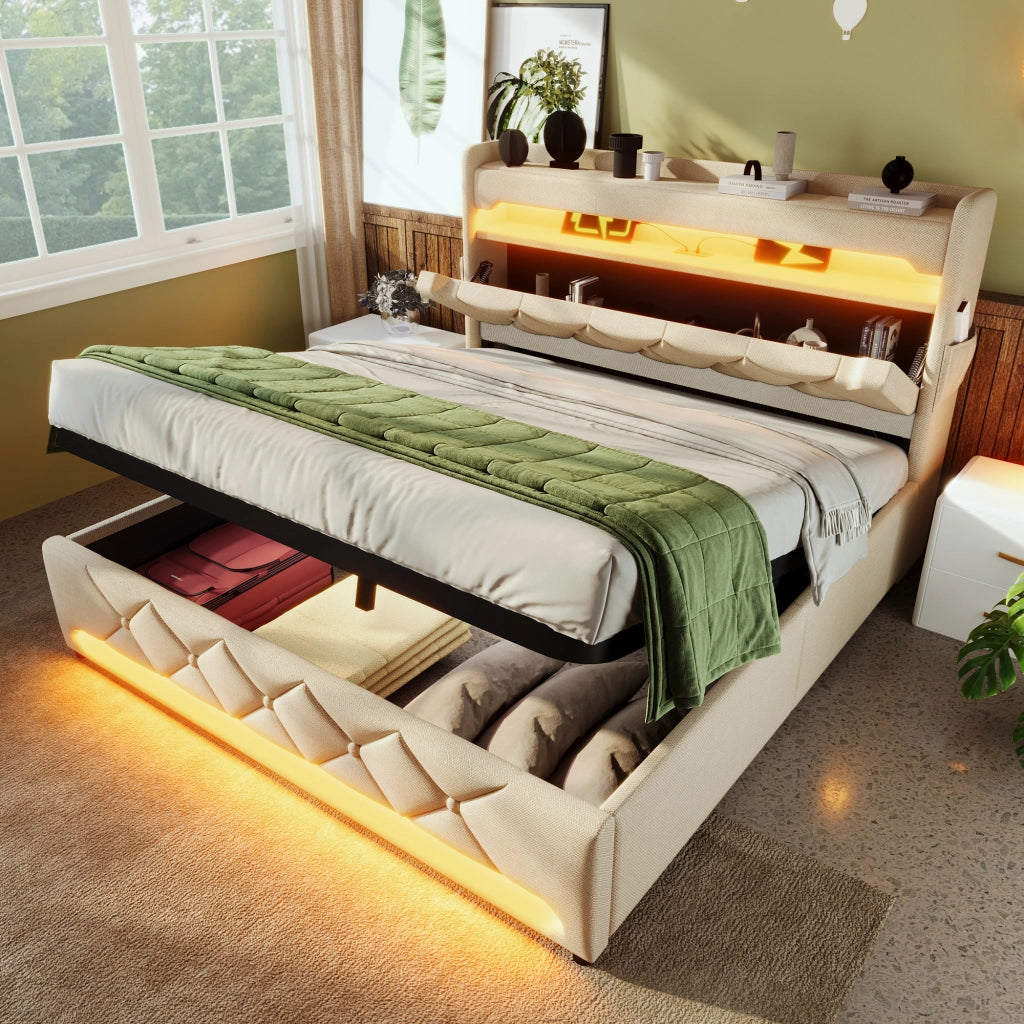 LETTO 160x200 cm in Lino Beige con LED, USB e Type-C, contenitore idraulico