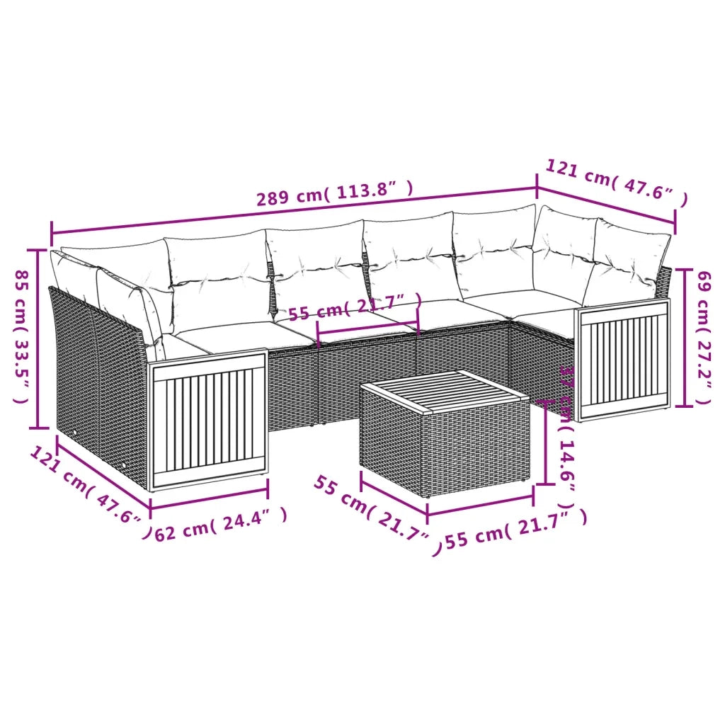 Set Divano da Giardino 8 pz con Cuscini Beige in Polyrattan