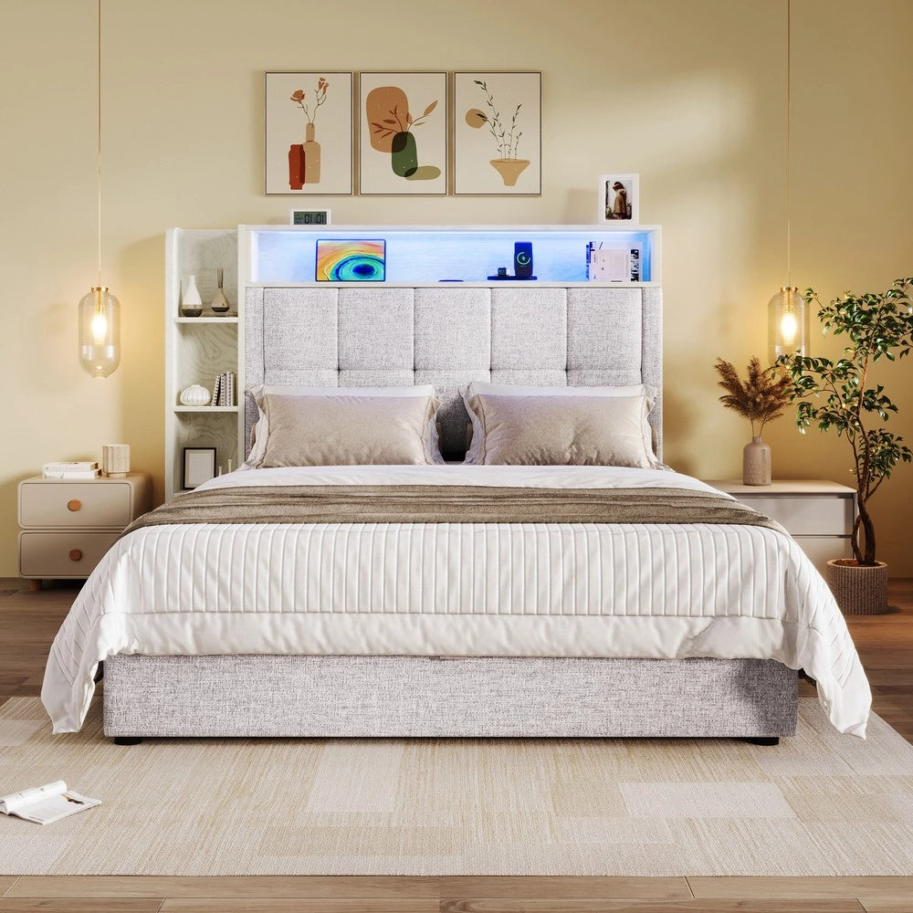 Letto Imbottito con LED e Contenitore ¨C MINIMAL ¨C Tessuto Beige 90x200