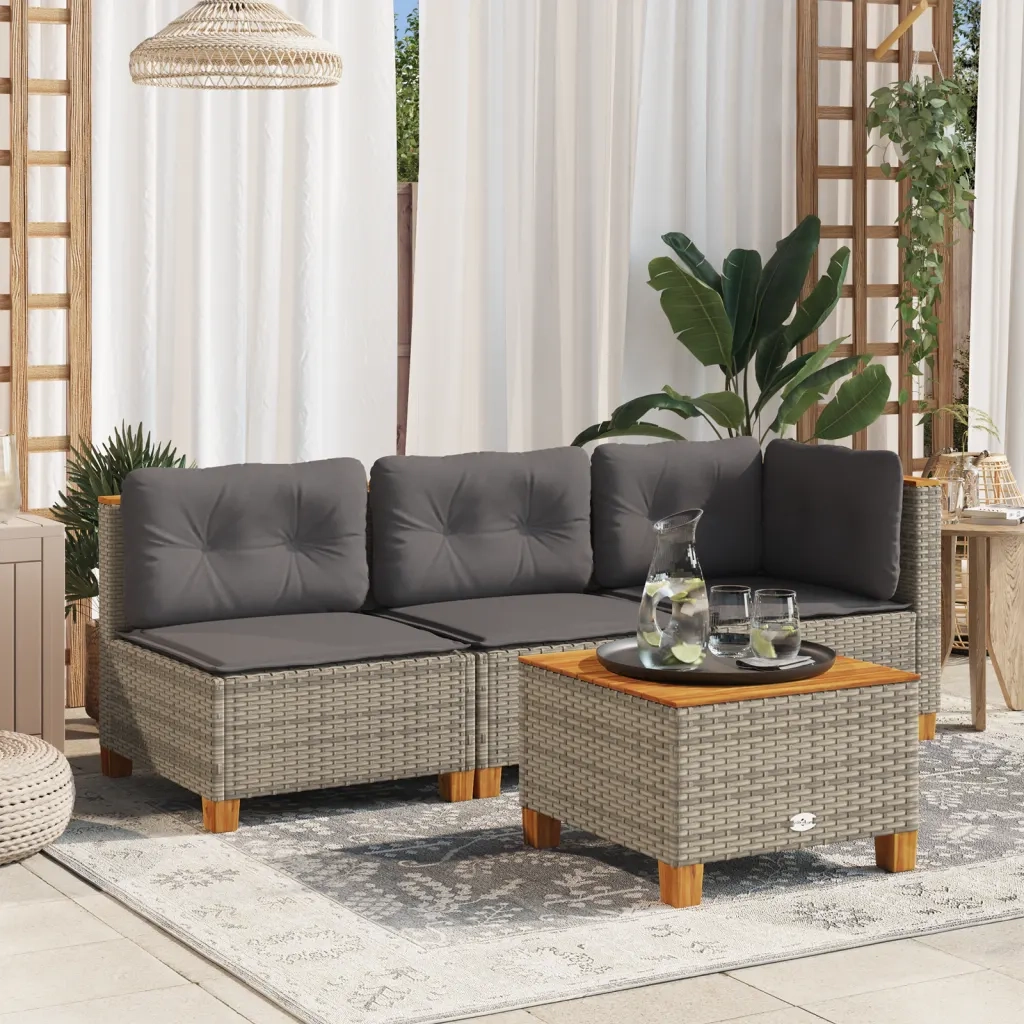 Divano Giardino Senza Braccioli con Cuscini Grigio Polyrattan 365906