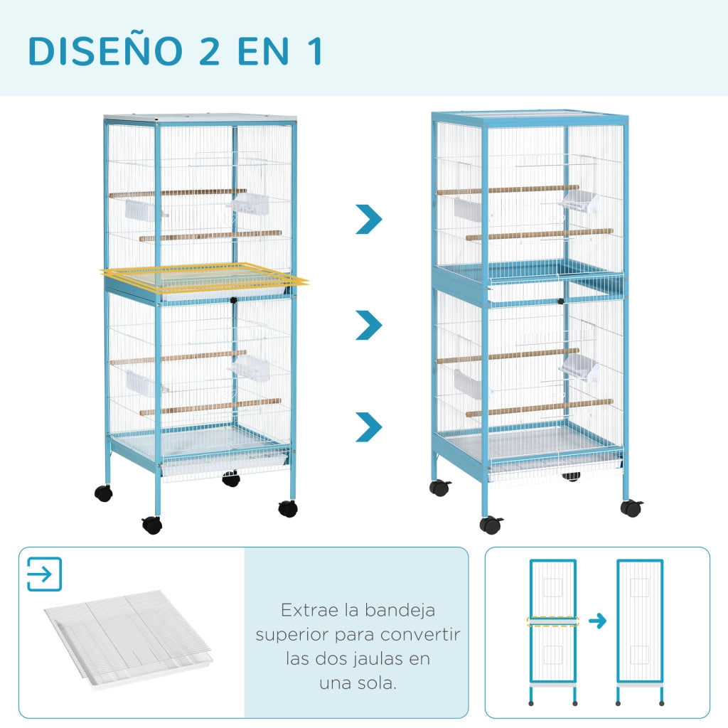 Gabbia per Uccelli 2 Livelli con Ruote ¨C Minimal ¨C Blu 51.5x50x140 cm