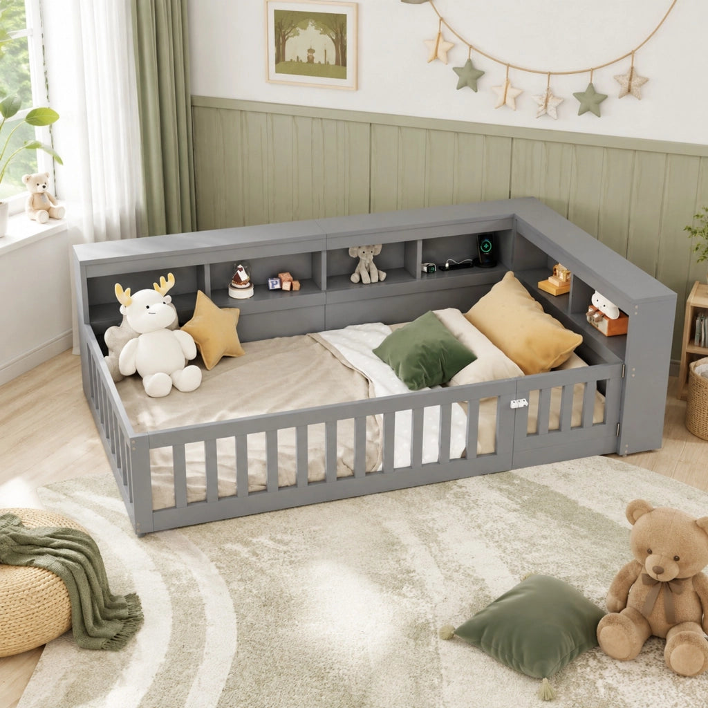 Daybed 90x200 cm con rete a doghe, vano laterale, prese e USB, grigio