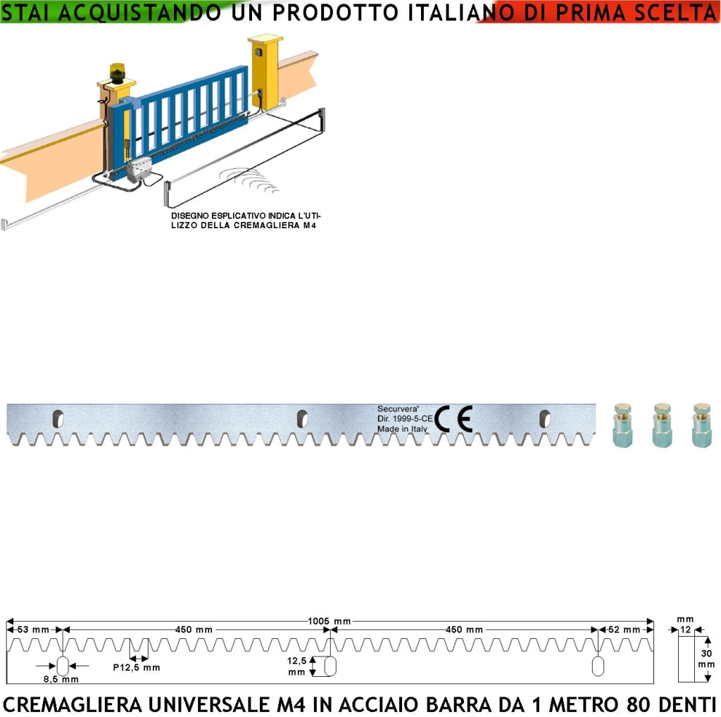 Cremagliera Universale M4 Modulo da 1 MT Con 80 Denti in Acciaio Zincato 12X30 mm Portata Garantita 22 Q.li Max 30 Q.li Fissaggio 3 Bulloni Per Metro Ricambio Cancello Scorrevole Giunture a Contatto