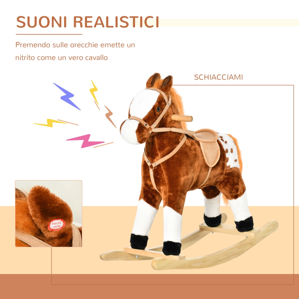 EasyComfort Cavallo a Dondolo in Legno con Suono Animale Regalo Giocattolo per i Bambini, 74 x 28 x 65 cm, Marrone