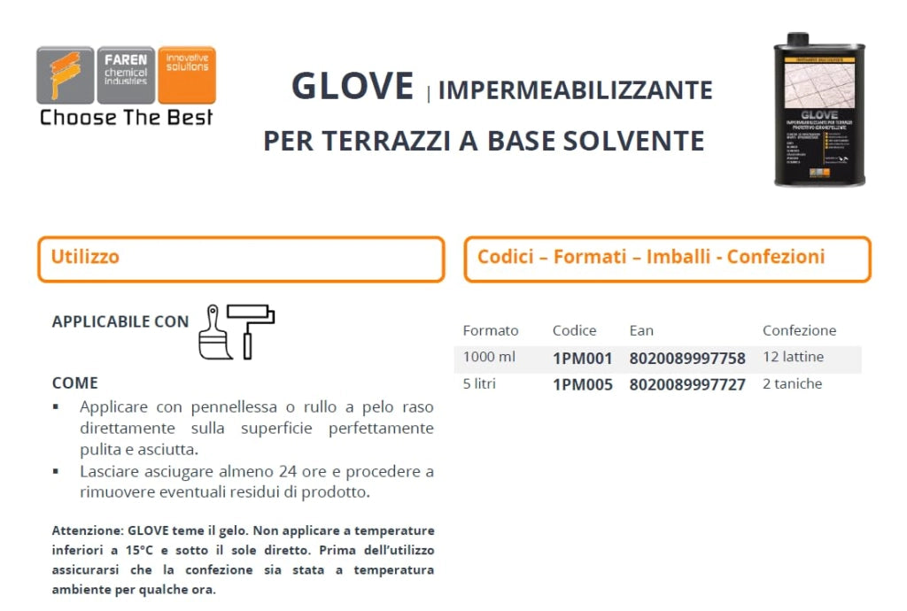 GLOVE impermeabilizzante per terrazzi a base solvente protettivo idrorepellente protegge dalle infiltrazioni muffe 1 LT