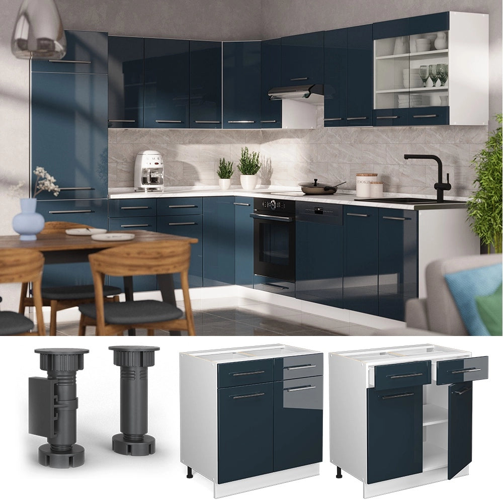 Mobiletto base per cucina Fame-Line Blu scuro lucido/Bianco 80 cm, PL Marmo Vicco