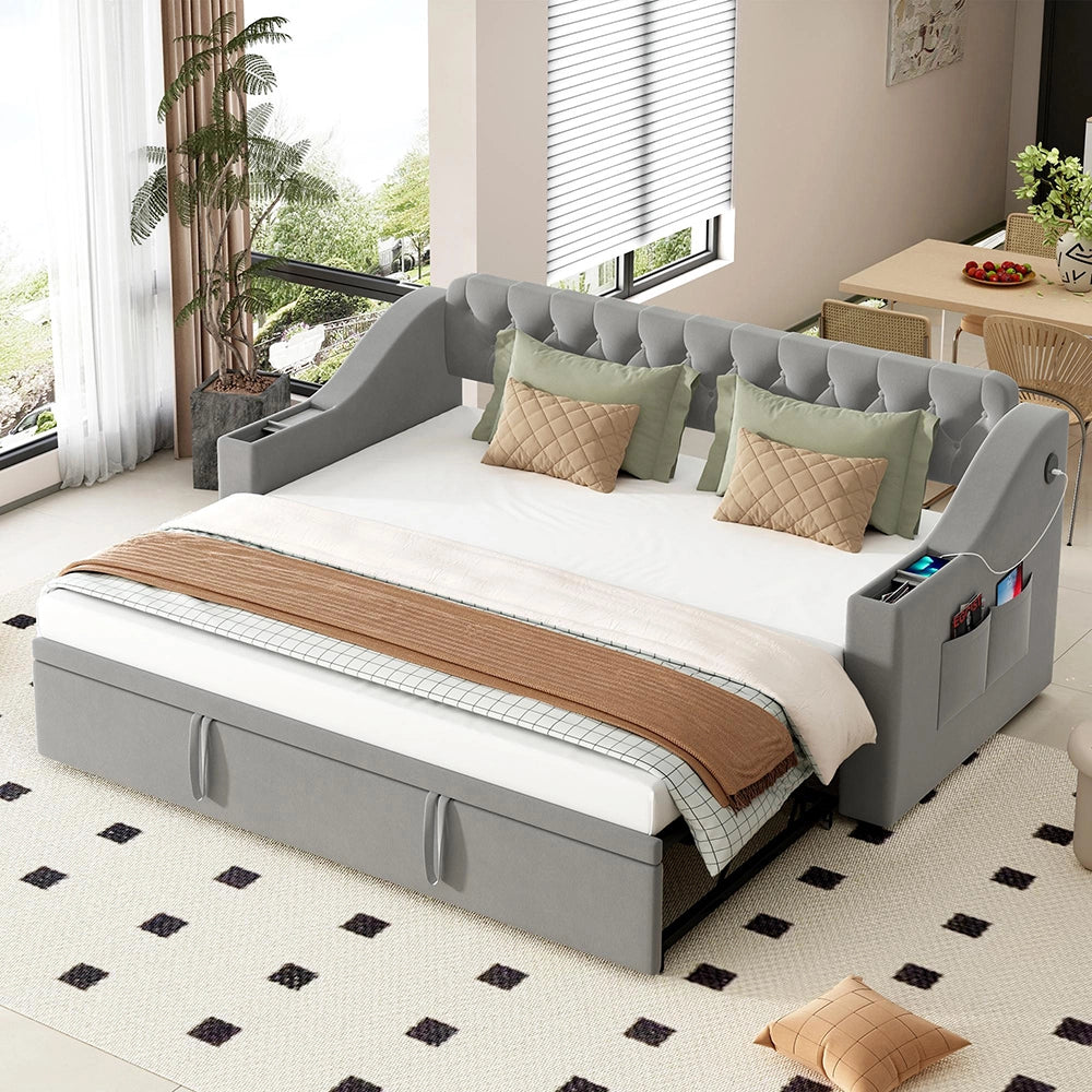 Divano letto - Xylo - 90/180x190 cm braccioli USB velluto grigio