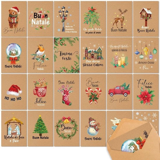 Set di Cartoline di Natale 24 Stili - Wenskaarten Set - Cartoline di Buon Anno - Disegni Originali - Cartoline di Compleanno - Design Acquerello