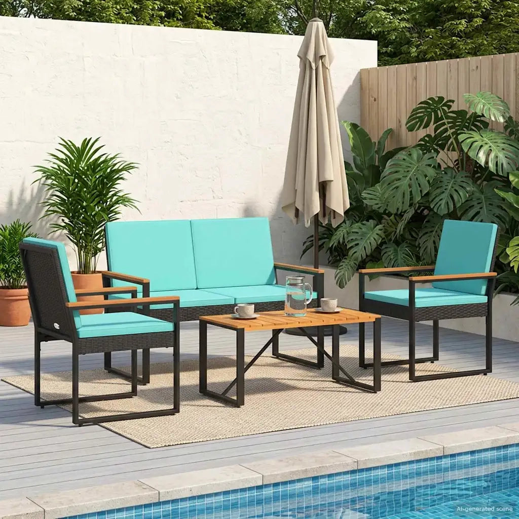 Set Mobili da Esterno 4 pz | Set Salotto da Giardino Nero e Turchese polyrattan