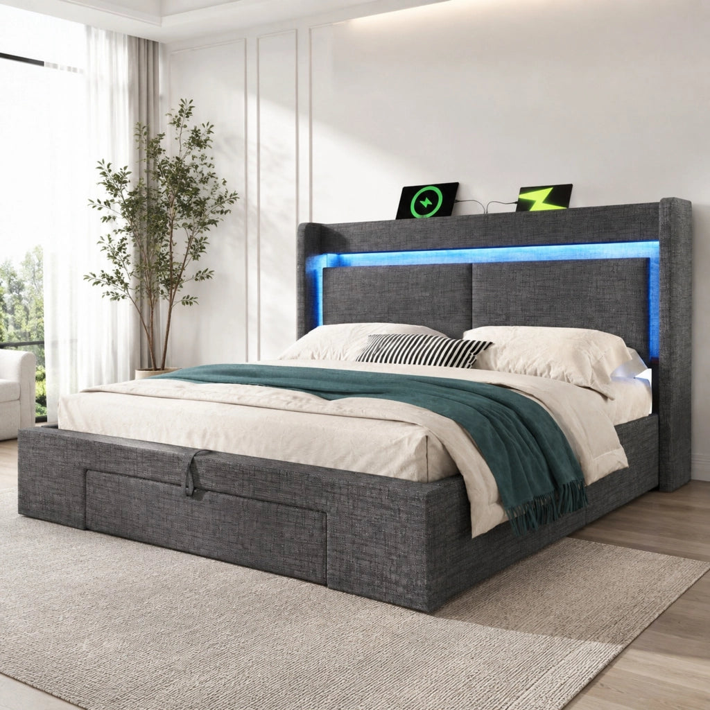 LETTO Contenitore idraulico 140x200 cm Lino Grigio con LED e USB-C