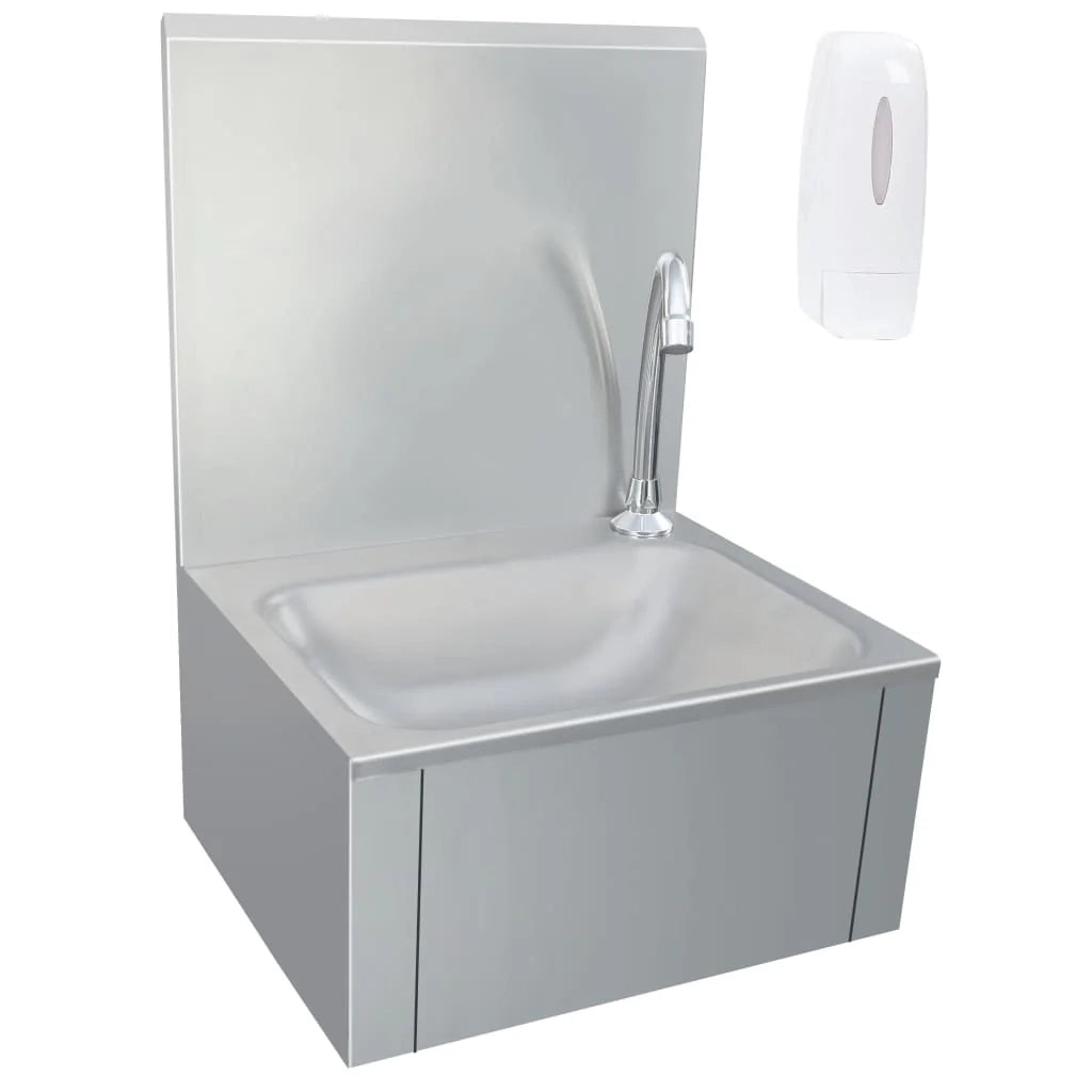 Lavabo per lavaggio mani con rubinetto e dispenser di sapone lavabo da appoggio per cucina mensa officina 56 cm acciaio inox 02_0002446