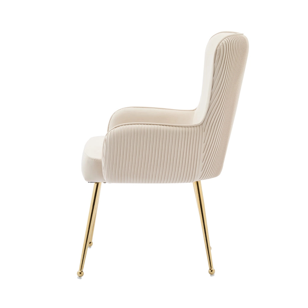 Sedia da pranzo in velluto beige e oro, set 2 pezzi, con braccioli, supporto lombare e gambe in metallo regolabili
