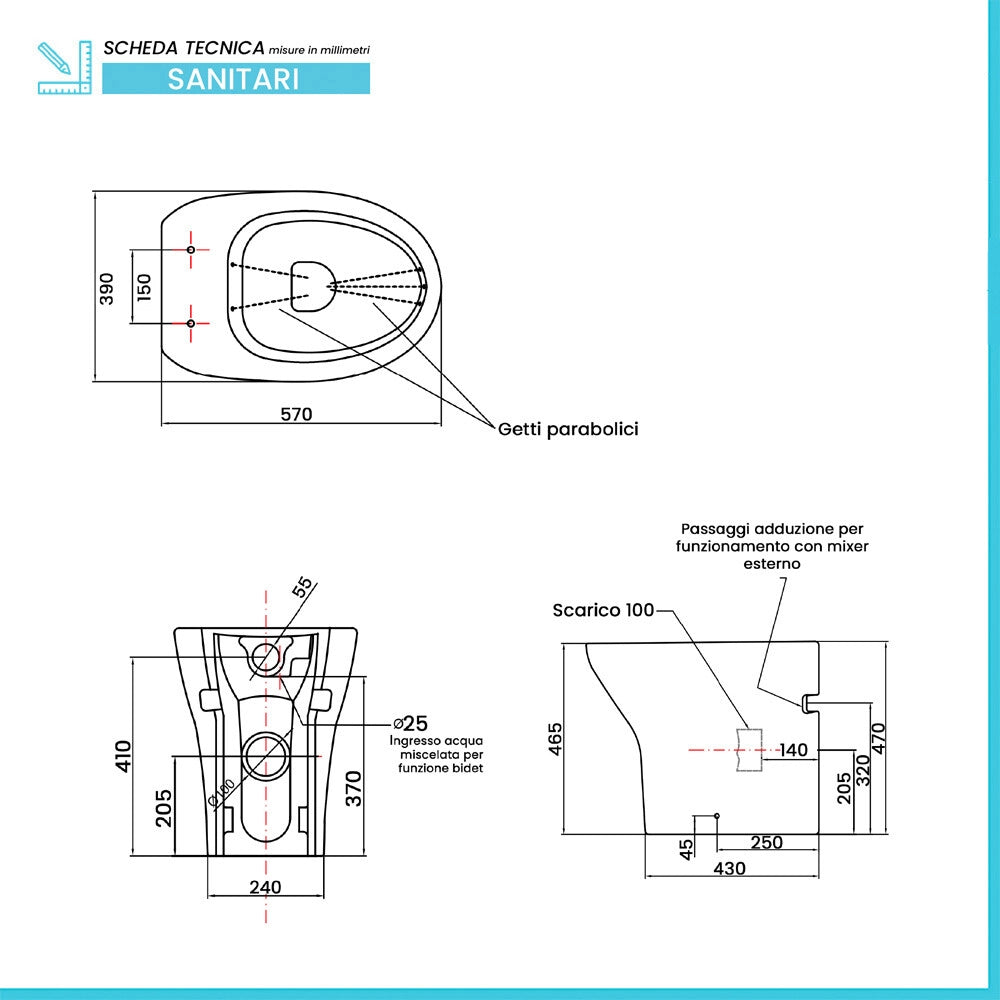 Vaso bidet filomuro combinato h 47 in ceramica bianco Evolution Sanitosco