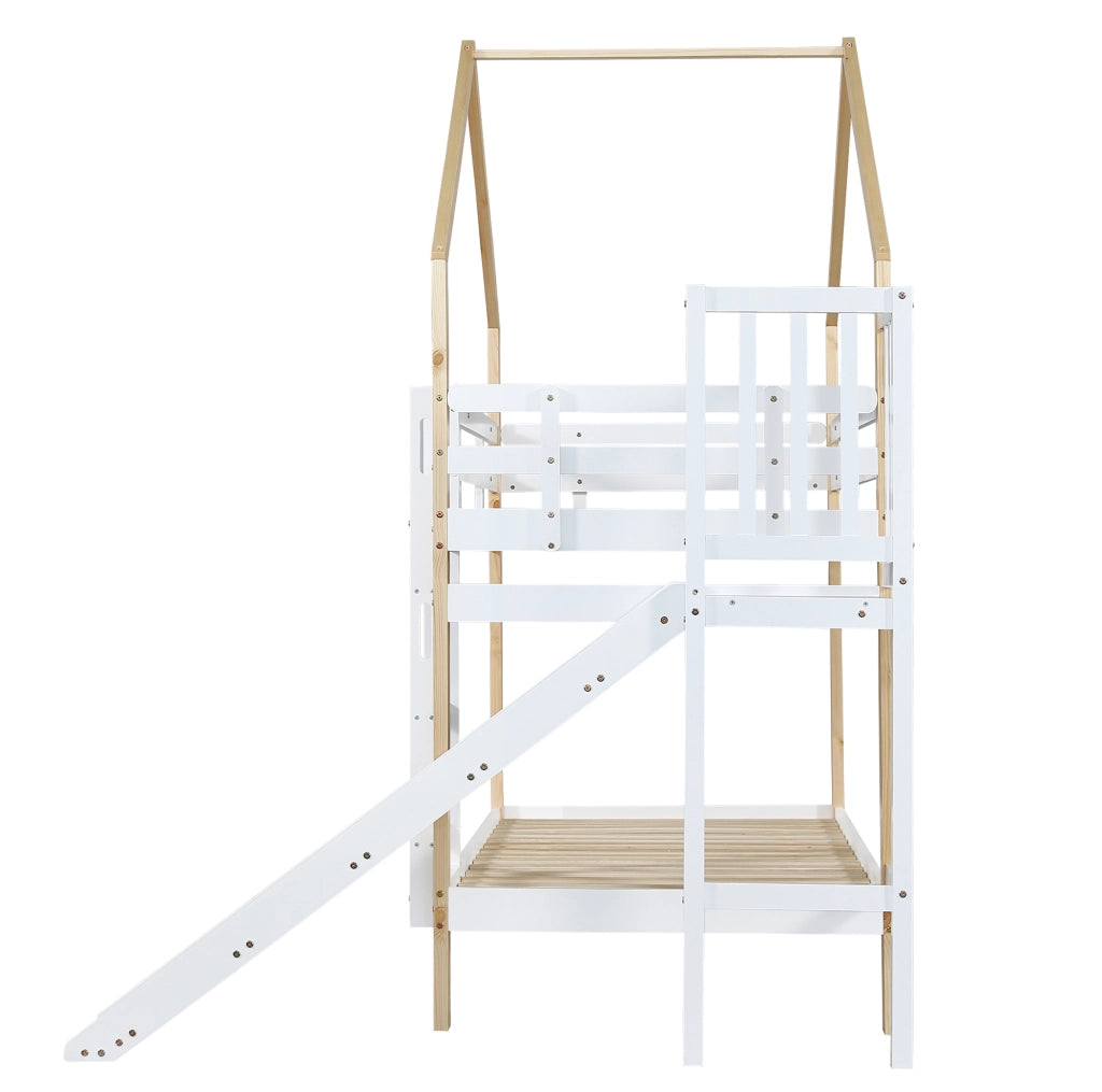 Letto a castello a forma di casa con scivolo e scala sicura
