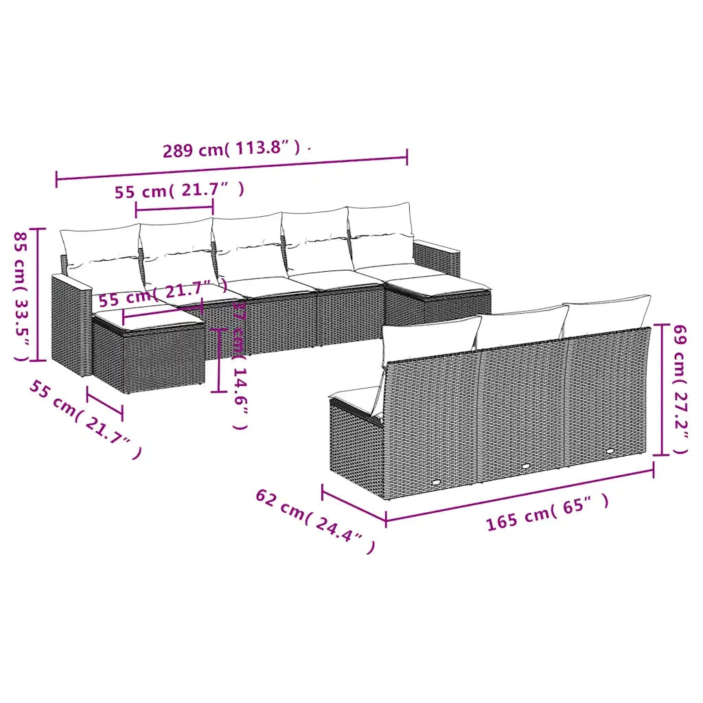 Set Divani da Giardino 10 pz con Cuscini Nero in Polyrattan 3226386