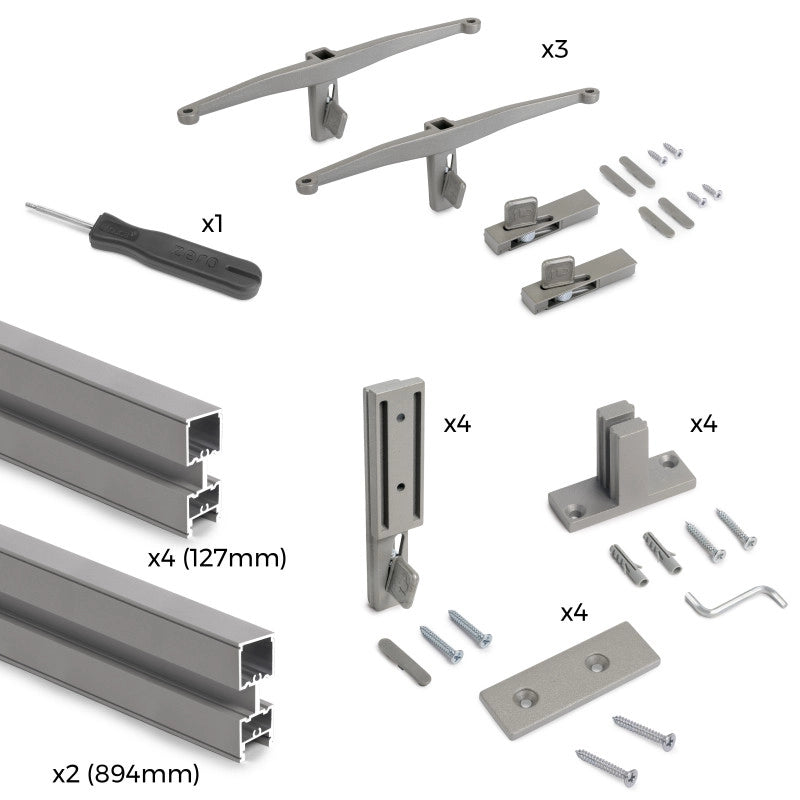 Kit per la realizzazione di una composizione modulare Zero con ferramenta per il montaggio a parete, Alluminio e Zama,..