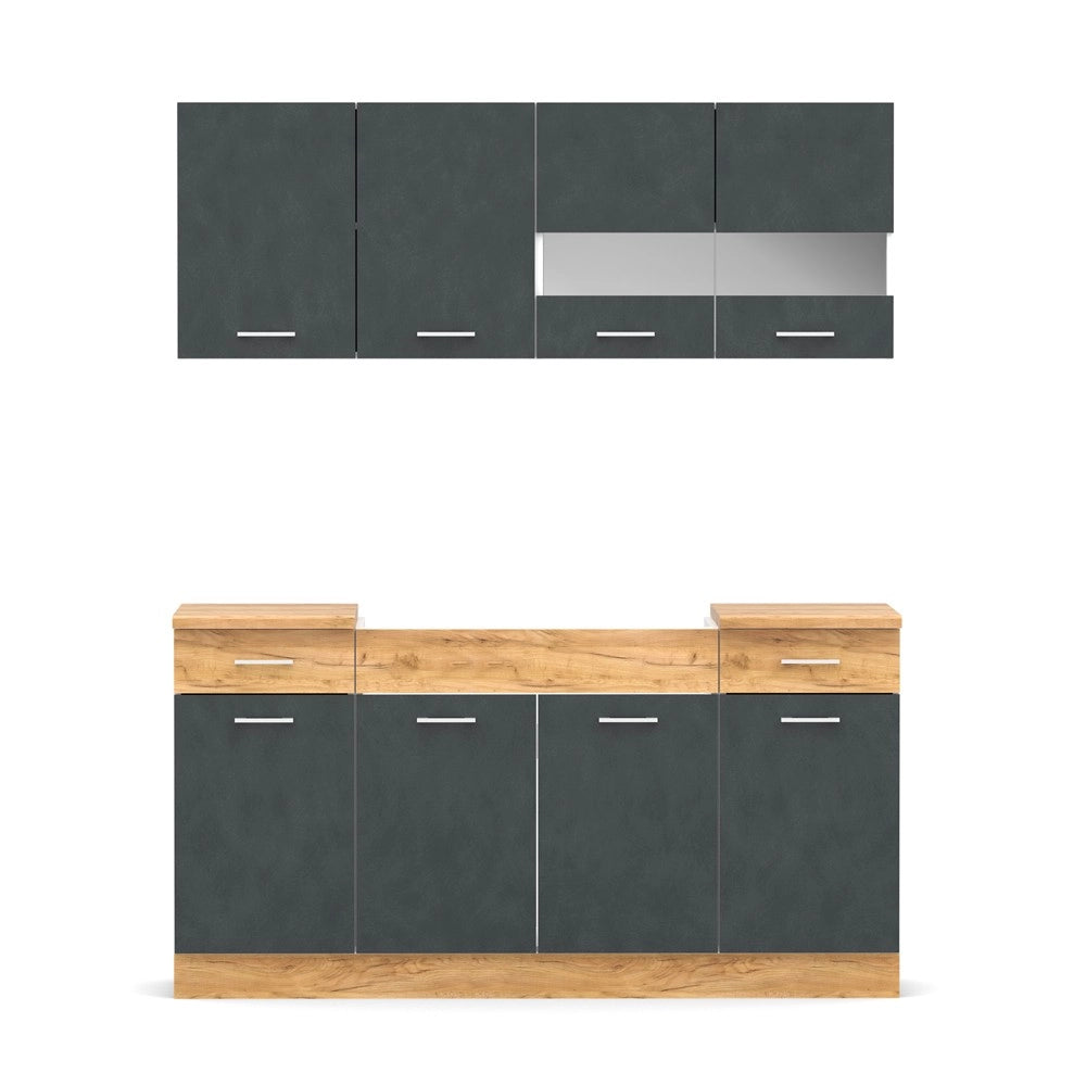 Cucina monoblocco 160 cm ERIKA grigio e rovere con lavello e pensili