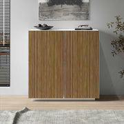WHOUS Credenza Coste a 2 ante effetto cannetè bianco opaco e legno chiaro 120x43x126 cm