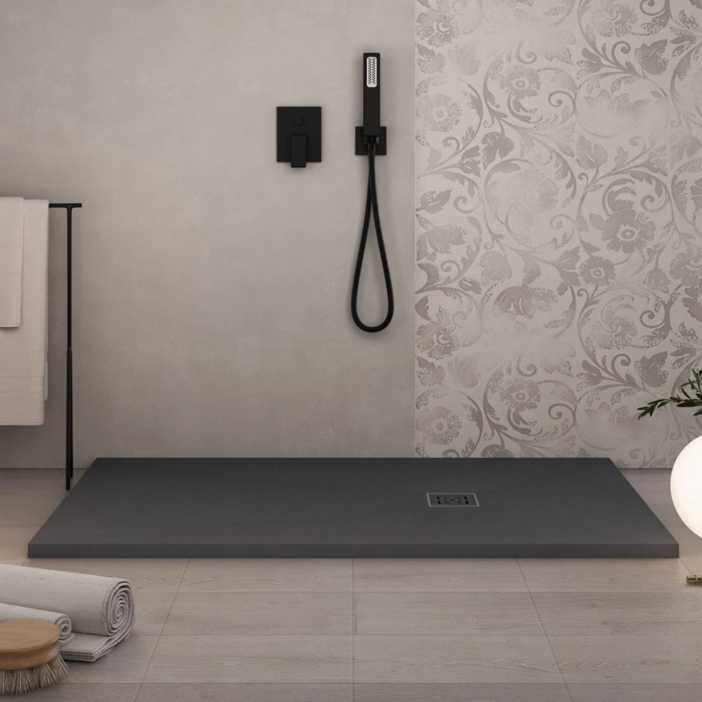 Piatto doccia in marmoresina grigio scuro effetto pietra cemento passion, misura 75x90