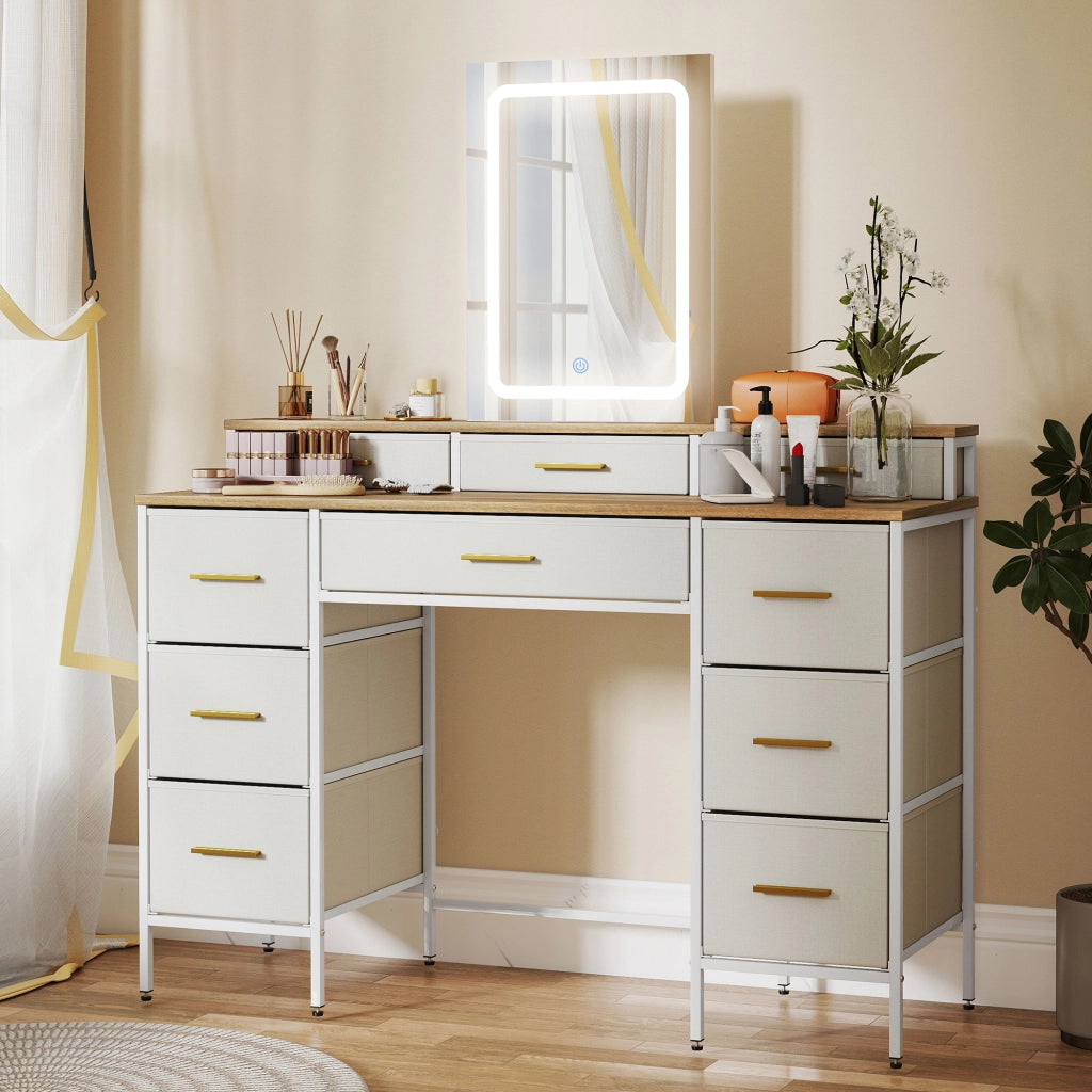Toilette con specchio LED 3 colori ¨C Xylo ¨C 10 cassetti tessuto 118,5x39,5x140cm naturale